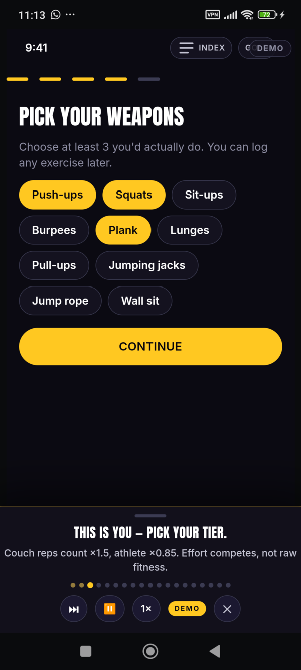 Reps With Friends running as a native Android app — a live battle screen with quick rep logging