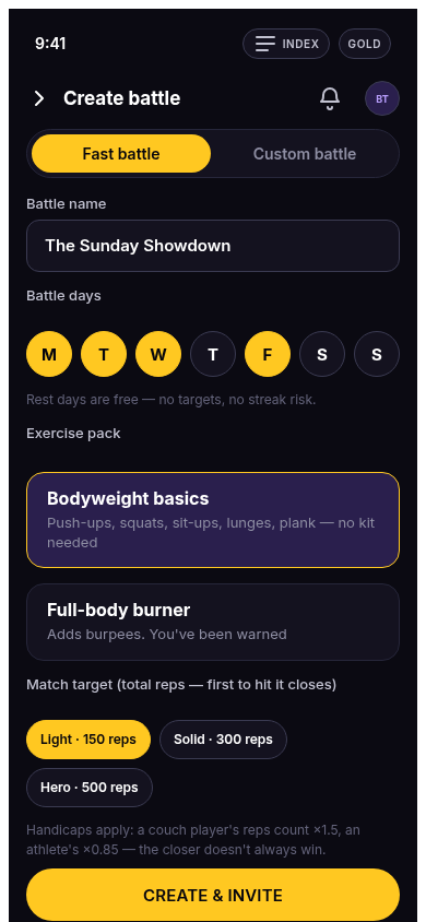 Create battle screen with day and target chips