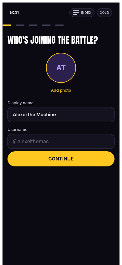 Onboarding name entry with live avatar initials